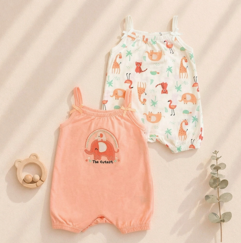 The Little Safari Sweetie Set by Lollipop Dreams features two baby rompers—one peach with a bear and rainbow labeled "The Cutest," the other white with animal and plant prints. A wooden bear toy and greenery are placed beside them.