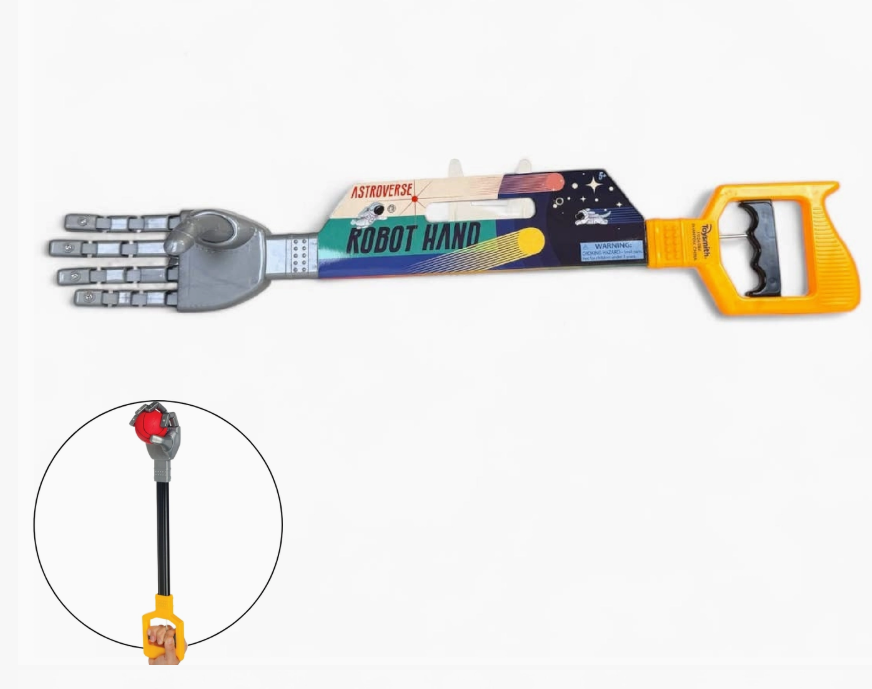 The Toy Smith Robot Hand, 18", features a gray mechanical claw, a colorful space-themed arm, and a yellow handle with red button. Inset displays the extended hand on a black stick with matching yellow handle.