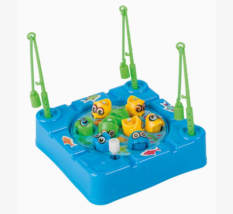 Toy Smith’s Gone Fishin’ Travel Game is a blue plastic fishing set for kids, featuring four green rods and colorful, open-mouthed fish spinning in a circular pond.
