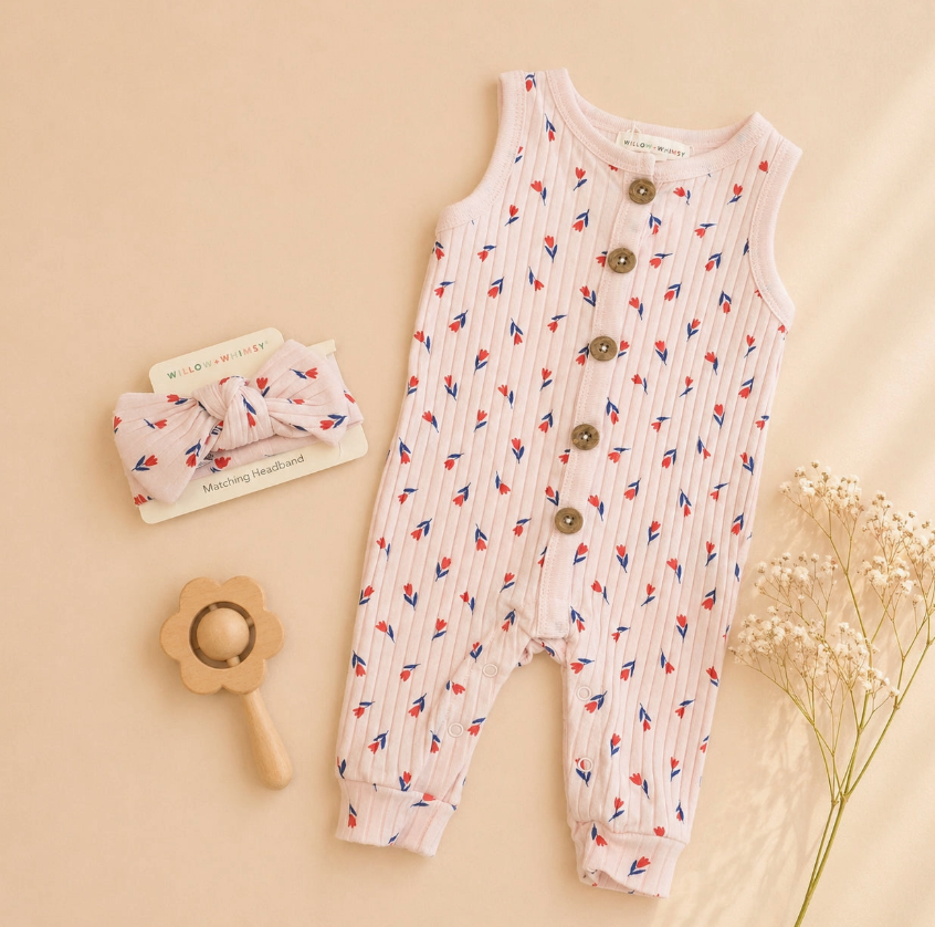 The Sweet Tulip Dreams Set by Lollipop Dreams features a sleeveless baby romper in a red and blue leaf pattern with large buttons, plus a matching headband, wooden rattle, and dried flowers styled on a beige background.