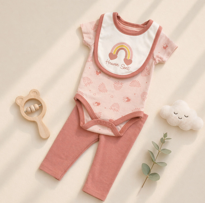 The Lollipop Dreams Heaven Sent Rainbow 3-Piece Set features a pink baby outfit and rainbow “Heaven Sent” bib with matching pants. Pictured with a bear rattle, cloud plush, and greenery on a light beige background.