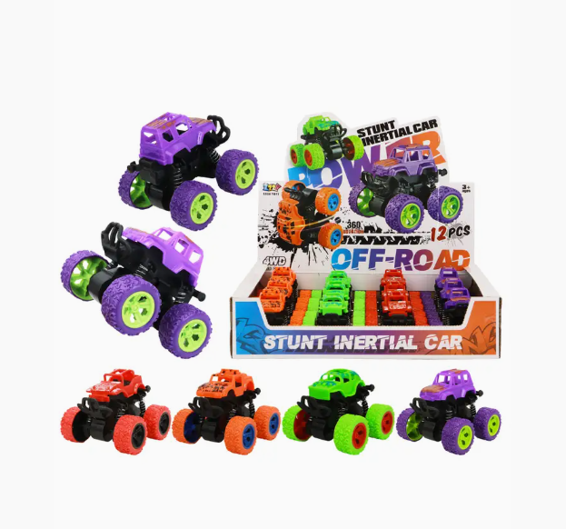 Capzone Off-Road Monster Truck Stunt Wind-Up Cars in purple, green, red, and orange with large textured wheels are displayed upright and in a box labeled "Stunt Inertial Car OFF-ROAD 12 PCS.