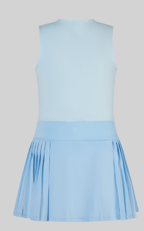 The Sky Breeze Skort Set by 90 Degree by Reflex & Yogalicious features a sleeveless, light blue fitted top and wide pleated skort, shown from the back against a plain gray background.