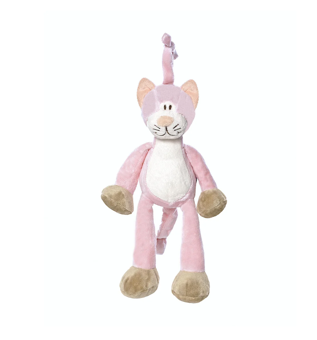 The Tiny Tot Bundles Musical Plush is a cat toy with light pink fur, beige feet, hands, and ears, a white belly and face, stitched eyes, a pink nose, and a long tail. It sits upright against a white background.