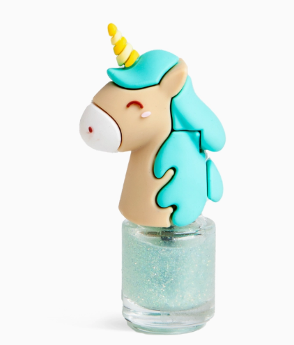 The Toy Smith Little Unicorn Nail Polish comes in a bottle with a cap shaped like a cartoon unicorn head, featuring a yellow horn, blue mane, and a smiling face.