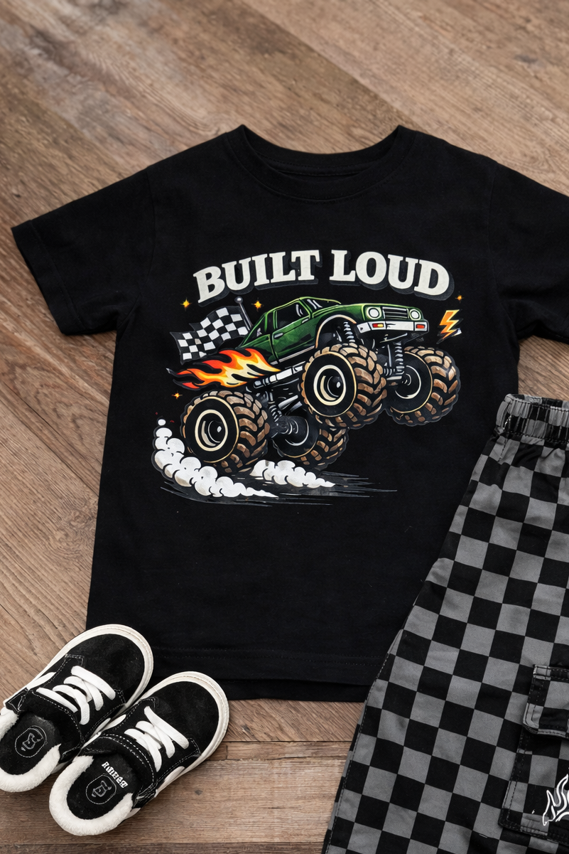 Raising Brave's Built Loud Monster Toddler Tee, featuring a bold green monster truck and "BUILT LOUD" text, is styled with black-and-gray checkered shorts and black sneakers, all arranged on a wooden floor.