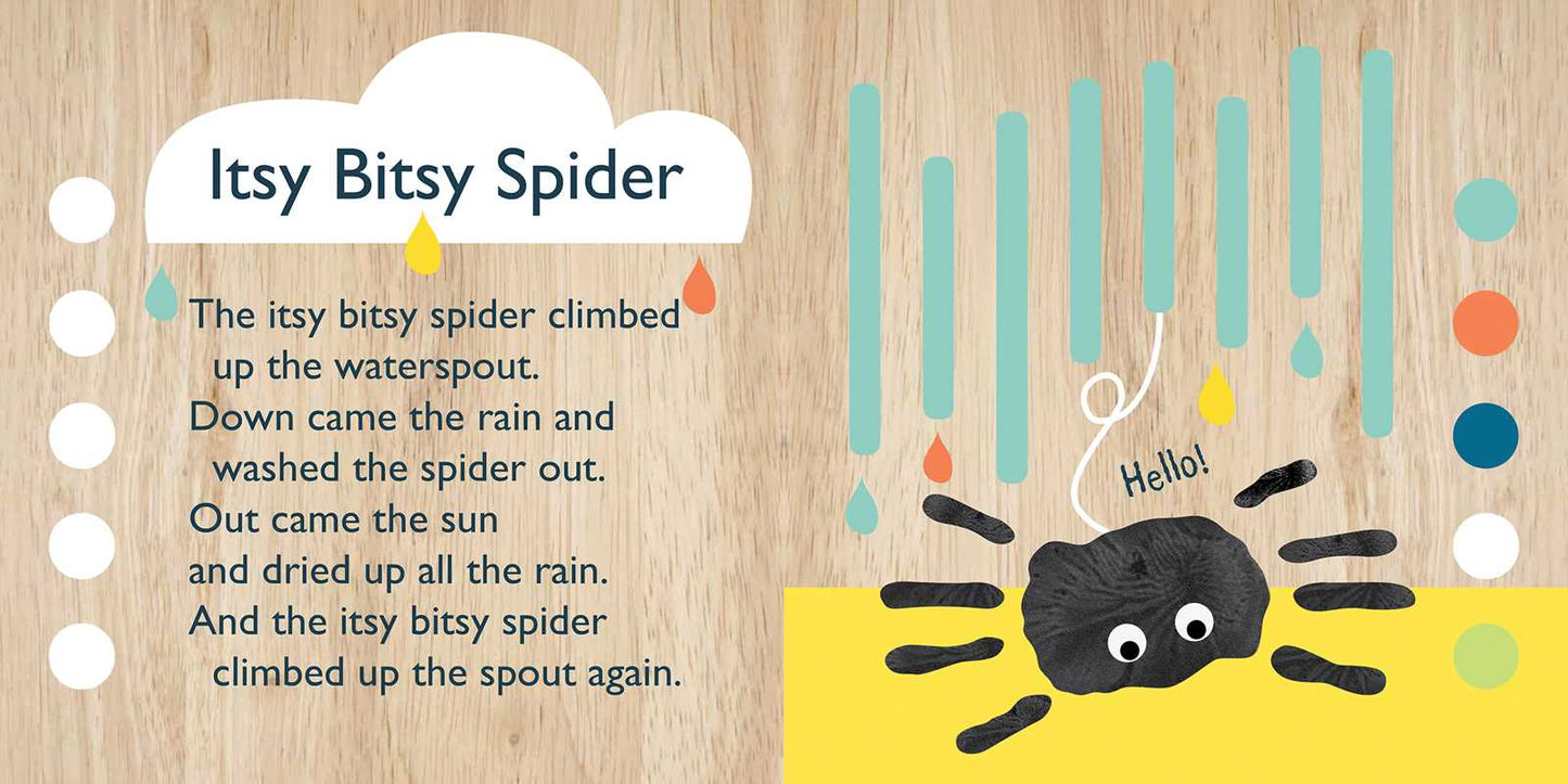 The Simon & Schuster Itsy Bitsy Spider Book features vibrant raindrops, a cheerful black spider waving hello, and the nursery rhyme text set against a wooden background.