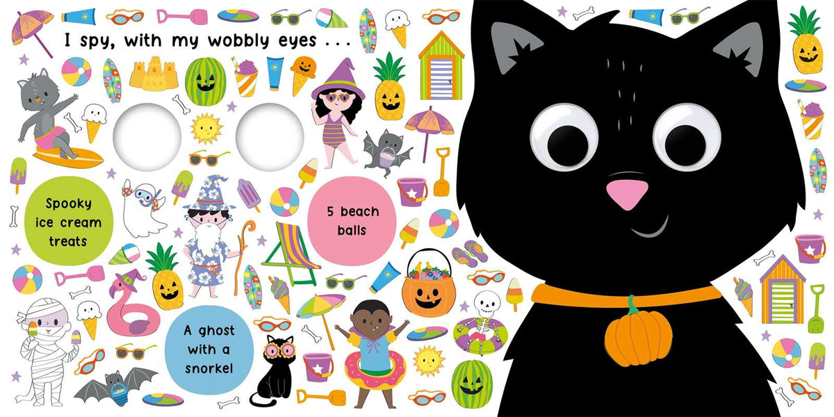 Discover I Spy Spooky by IglooBooks from Simon & Schuster—a vibrant game page featuring a big black cat with googly eyes and an orange pumpkin collar. The playful background bursts with beach, Halloween, and summer-themed items, while text bubbles prompt kids to search for fun objects such as ice cream treats and beach balls.