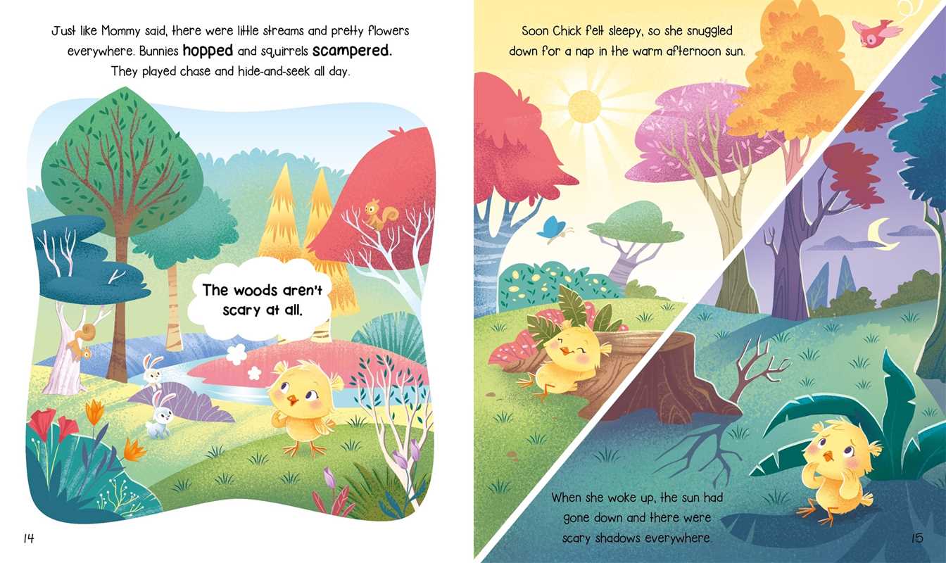 In the 5-Minute Tales: Farm Stories Book by Simon & Schuster, a yellow chick explores a vibrant forest with bunnies and squirrels, naps under trees, and discovers how shadows at sunset can look scary—all while sharing its feelings and adventures.