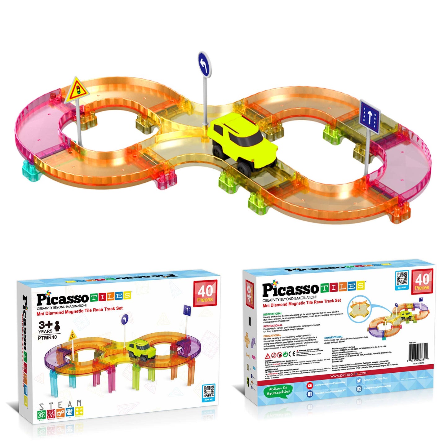 A vibrant PicassoTiles 40pc Travel Size Magnetic Tile Race Track Set, featuring a yellow car and traffic signs, is built above two PicassoTiles boxes showing product details and race track images on the front and back.
