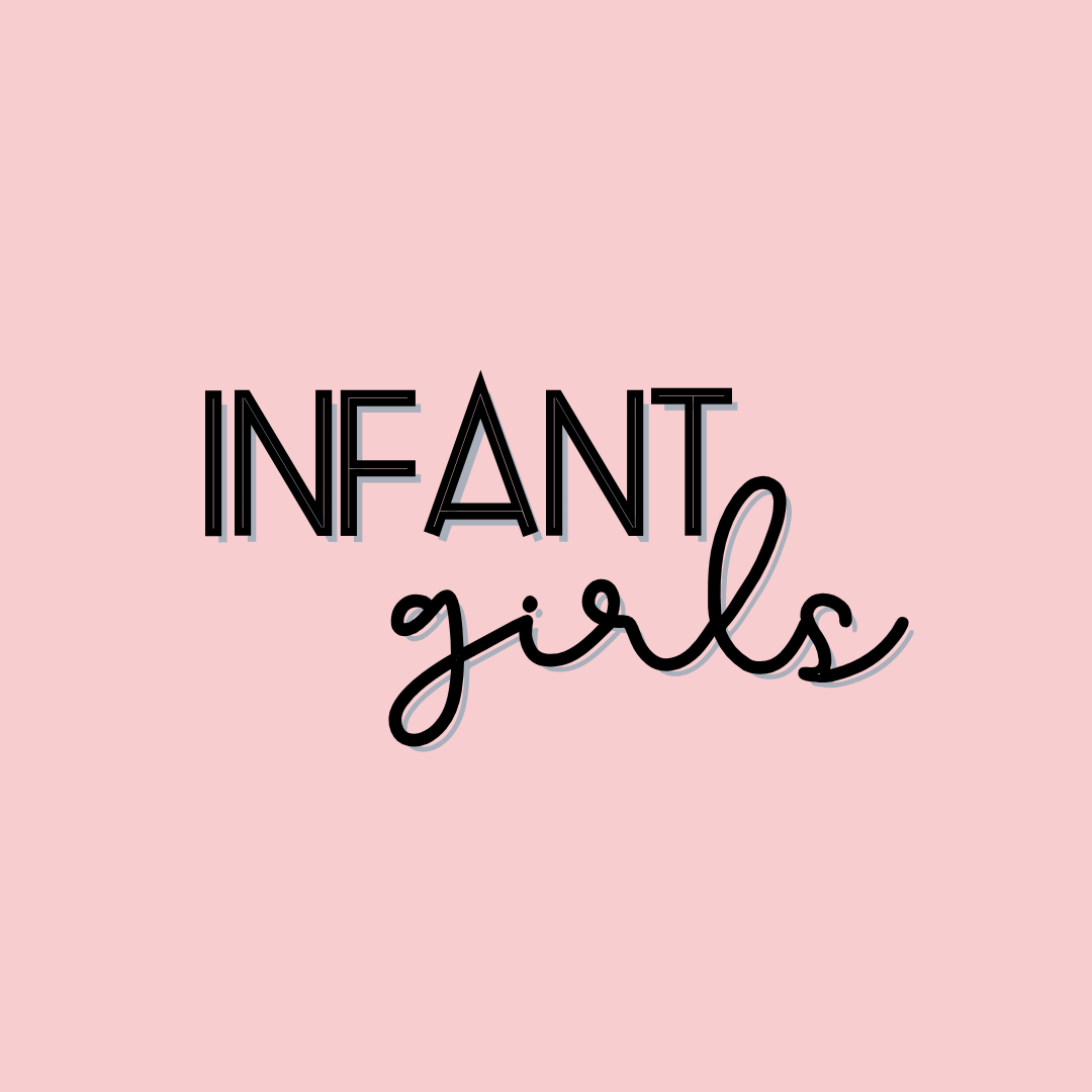 Text INFANT girls in bold black and cursive black font on a soft pink background.
