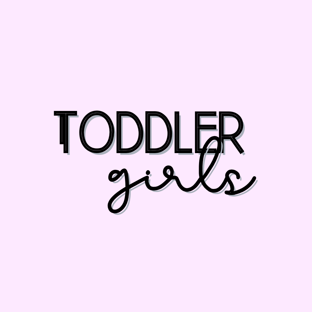 The image features the words TODDLER girls in bold, playful black letters on a light pink background.