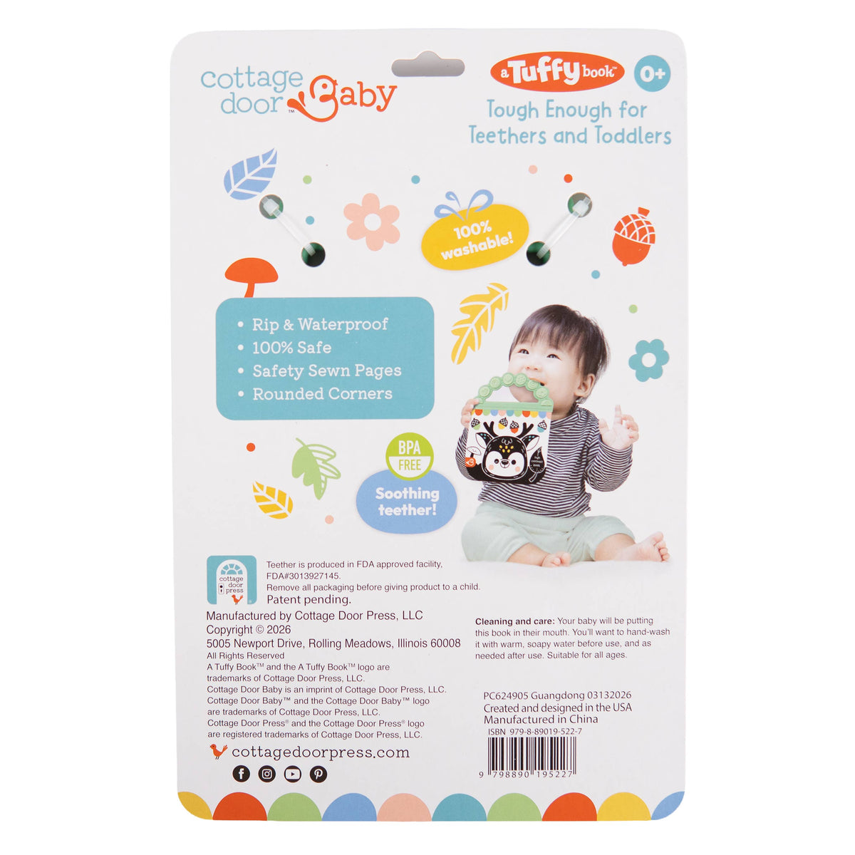 Back cover of a Cottage Door Press Look, Look, Baby! Outdoor Galore – Tuffy High-Contrast Book indestructible baby book for teething toddlers, featuring a smiling baby holding the book, colorful icons highlighting sensory development, product features, company info, and care instructions on a white background.