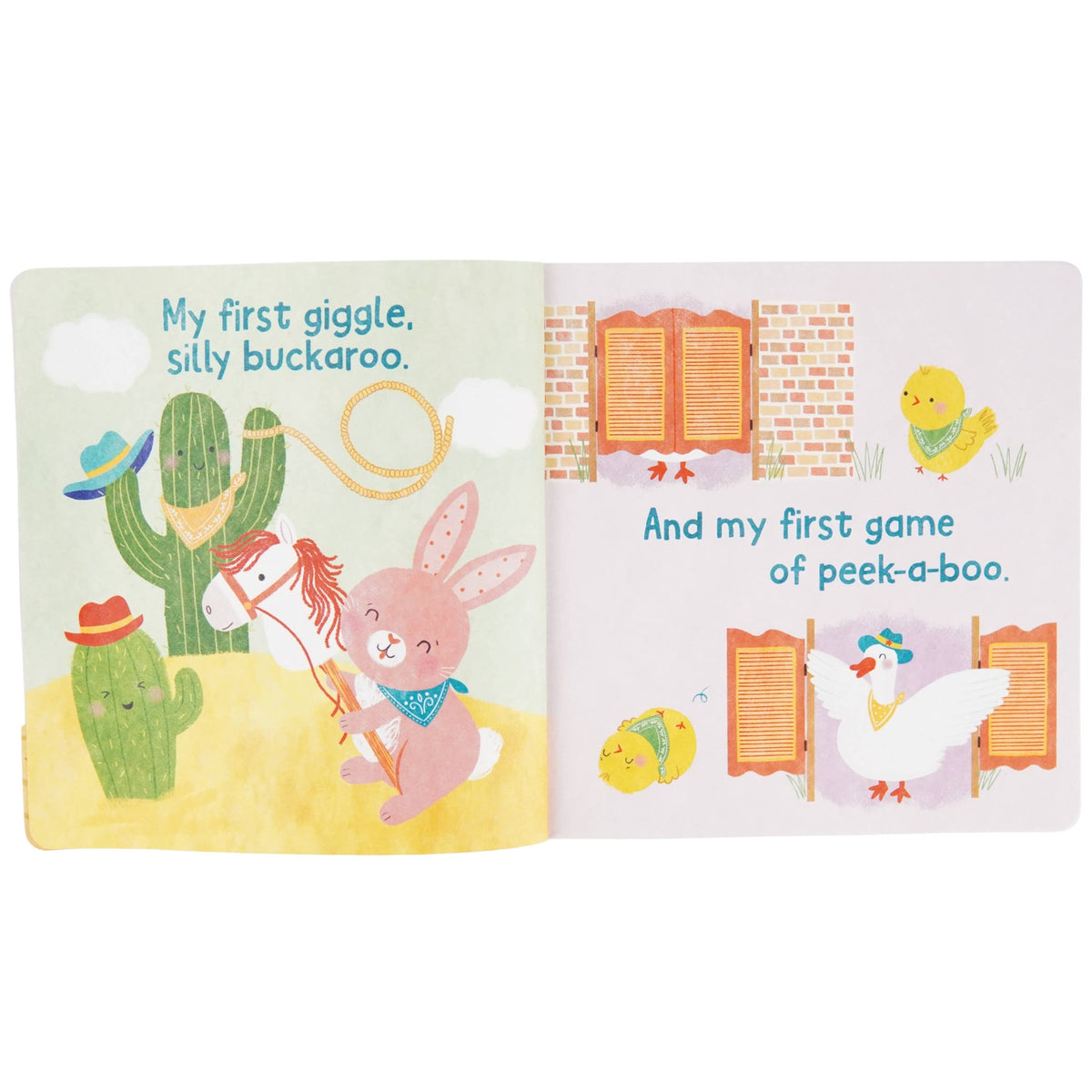A spread from “My First Rodeo (A Tuffy Book)” by Cottage Door Press shows a bunny on a toy horse beside two cacti on the left, while two chicks and a duck stand near swinging saloon doors on the right. This indestructible baby book is perfect for little hands to explore. The text reads: My first giggle, silly buckaroo. And my first game of peek-a-boo.