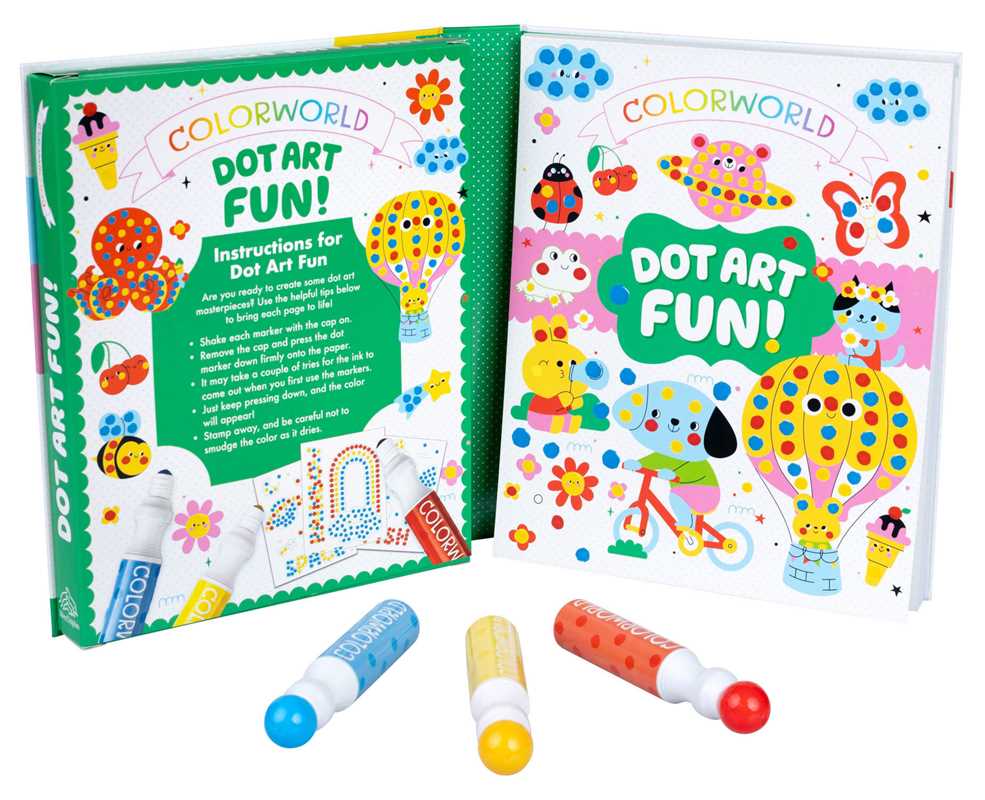 Simon & Schuster’s ColorWorld: Dot Art Fun Activity Book features playful open-book designs, easy instructions, and includes yellow, blue, and red dot markers.