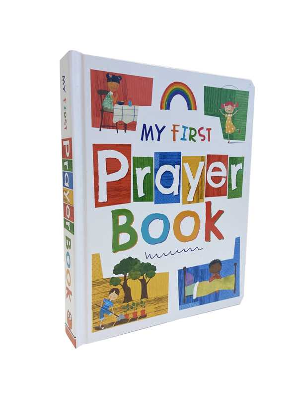 My First Prayer Book by Simon & Schuster is a children's book with colorful, playful text and cover illustrations of kids playing, a rainbow, and nature scenes.