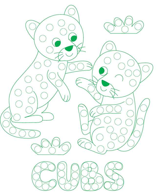 Two spotted cartoon leopard cubs play together, one winking and one smiling, with three paw prints around them. "CUBS" is in bubble letters below. Featured in Simon & Schuster's ColorWorld: Dot Art Fun Activity Book.