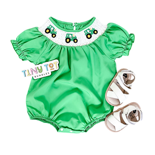 Green Tractor Smocked Romper