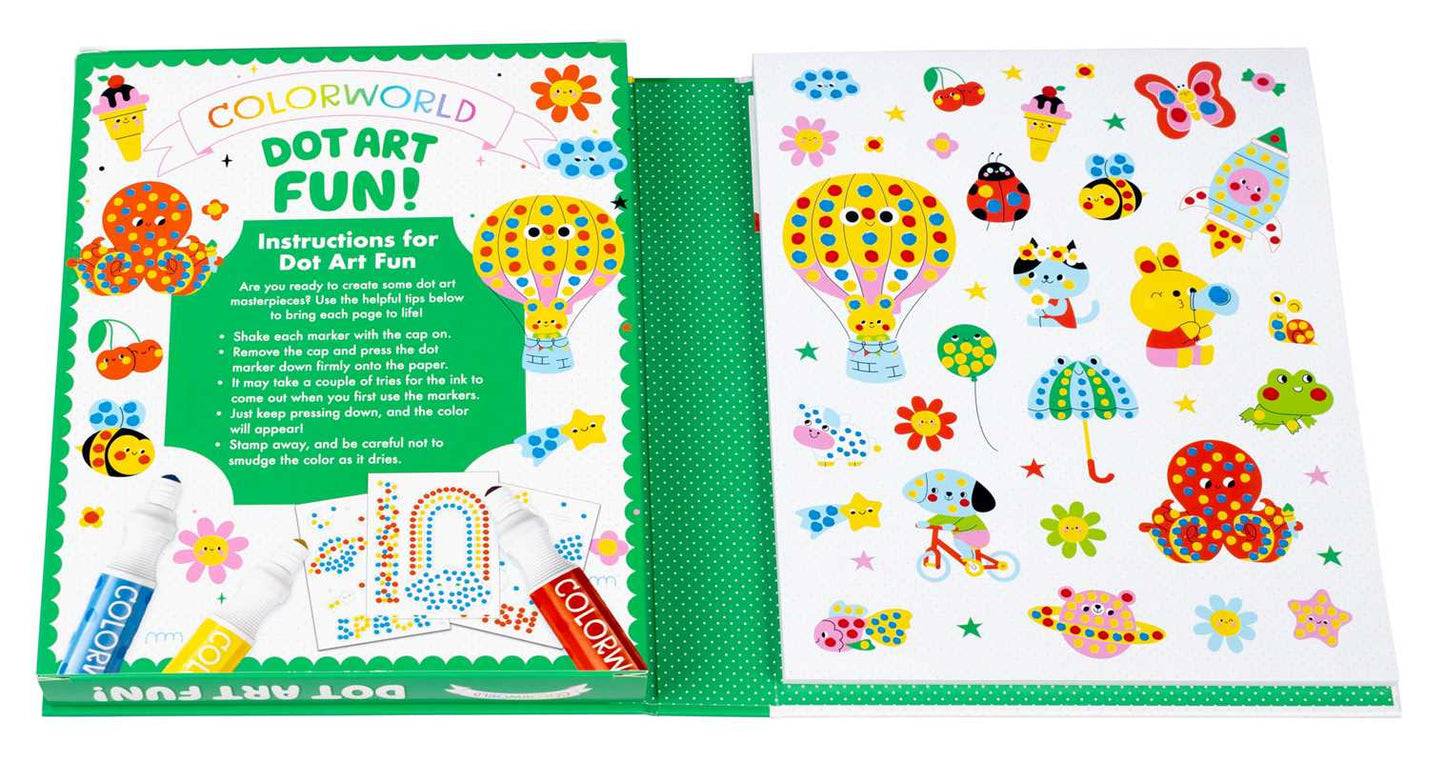 ColorWorld: Dot Art Fun Activity Book by Simon & Schuster features easy instructions and a decorated sheet with vibrant dot art designs—animals, a hot air balloon, flowers, and more. Includes markers and a glue stick for creative fun.
