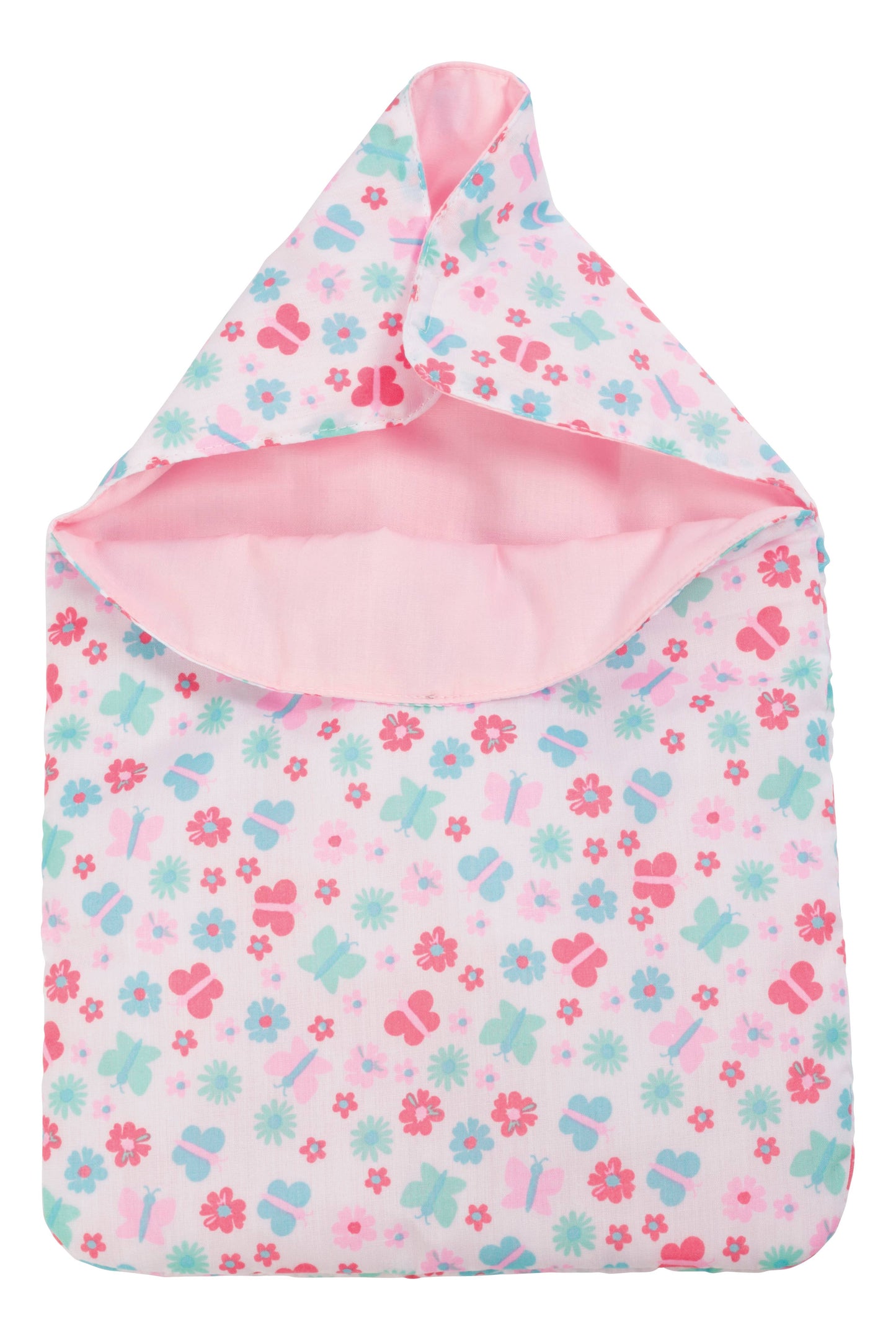 This cozy pink hooded baby blanket from the Toysmith My Sweet Baby Deluxe Baby Ensemble 12-Piece Doll Playset features a charming pattern of flowers and butterflies in pink, green, and blue on a soft light background. The inside lining is solid light pink. Laid flat with the hood open, this adorable accessory is perfect for pretend play or as an essential addition to any baby doll playset.