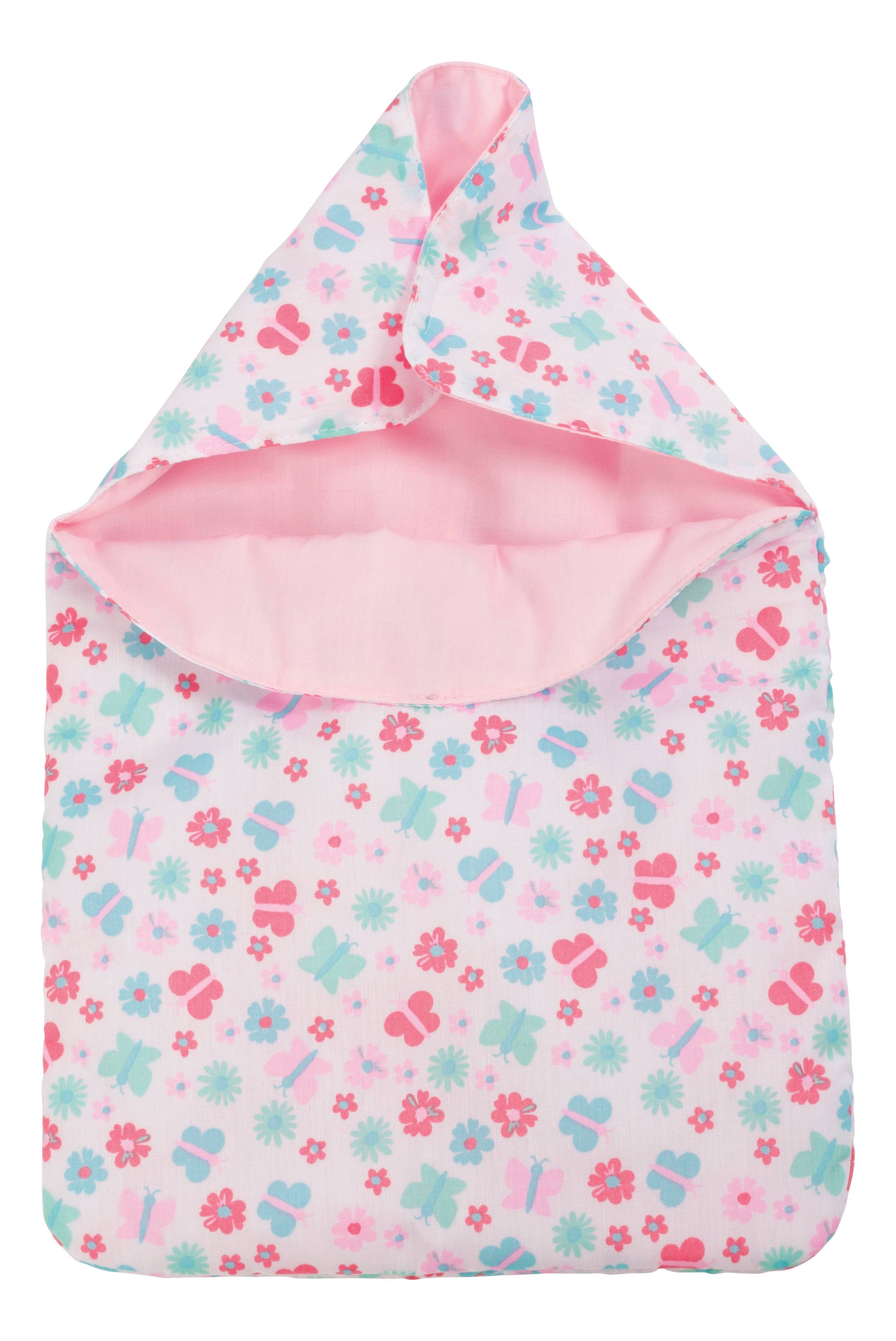 This cozy pink hooded baby blanket from the Toysmith My Sweet Baby Deluxe Baby Ensemble 12-Piece Doll Playset features a charming pattern of flowers and butterflies in pink, green, and blue on a soft light background. The inside lining is solid light pink. Laid flat with the hood open, this adorable accessory is perfect for pretend play or as an essential addition to any baby doll playset.