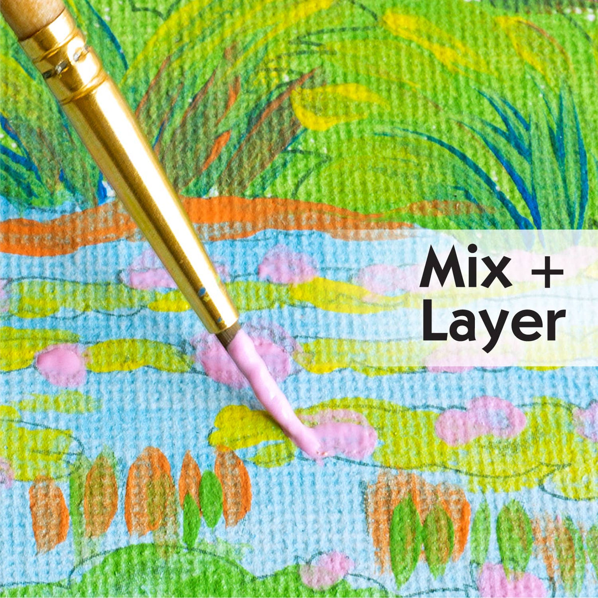 A paintbrush with pink paint touches a vibrant, textured painting of water and grass on an artist canvas. Inspired by classics like The Japanese Footbridge, the bold words Mix + Layer appear on the right—inviting you to paint like the Masters with Faber-Castell / Creativity for Kids Paint by Number Museum Series: The Japanese Footbridge.