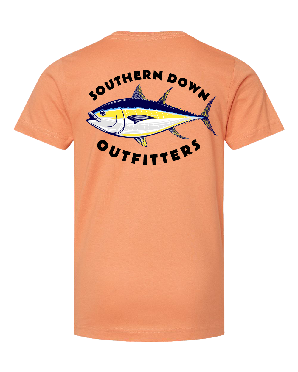 The Tuna Toddler Tee by Southern Down Outfitters is a peach t-shirt with a large yellowfin tuna graphic and SOUTHERN DOWN OUTFITTERS in bold black letters curved above and below the fish on the back.