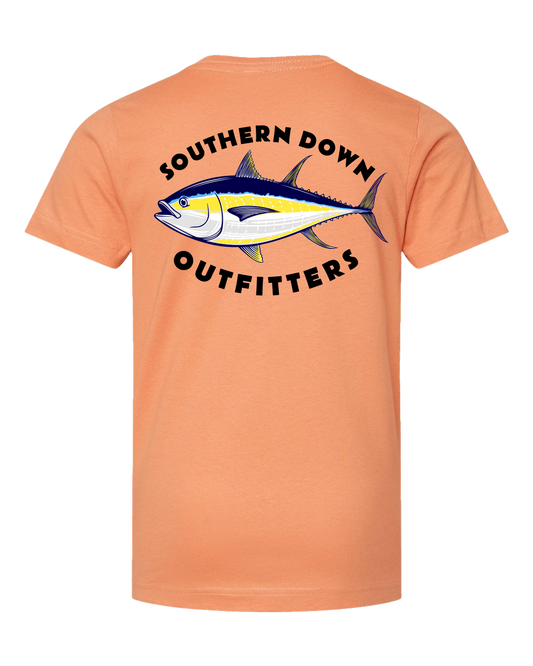 The Tuna Toddler Tee by Southern Down Outfitters is a peach t-shirt with a large yellowfin tuna graphic and SOUTHERN DOWN OUTFITTERS in bold black letters curved above and below the fish on the back.