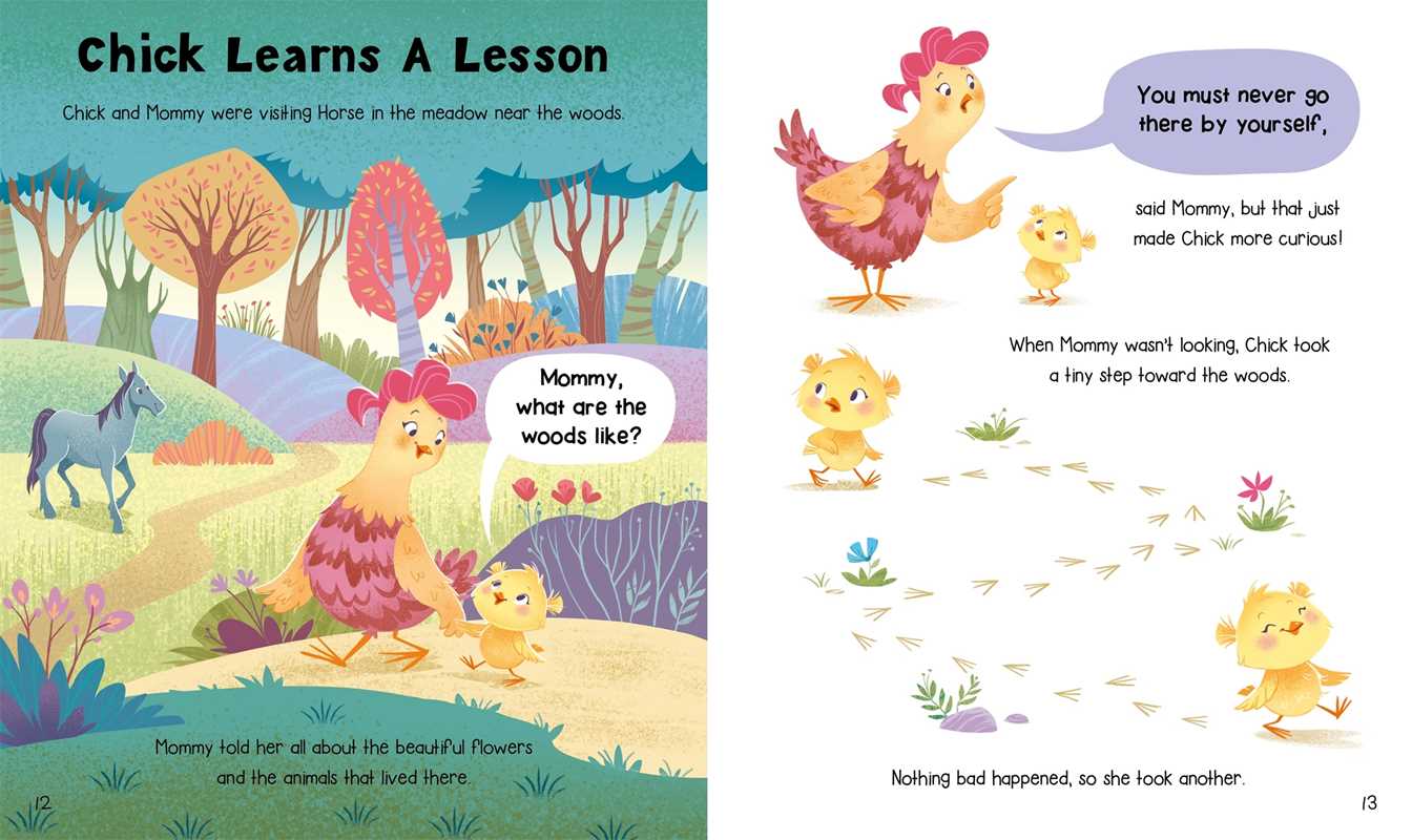 A page from Simon & Schuster's "5-Minute Tales: Farm Stories Book" shows a hen and two yellow chicks by a vibrant forest. One chick asks about the woods, while text describes their curiosity and the hen's warning; a horse appears in the background.