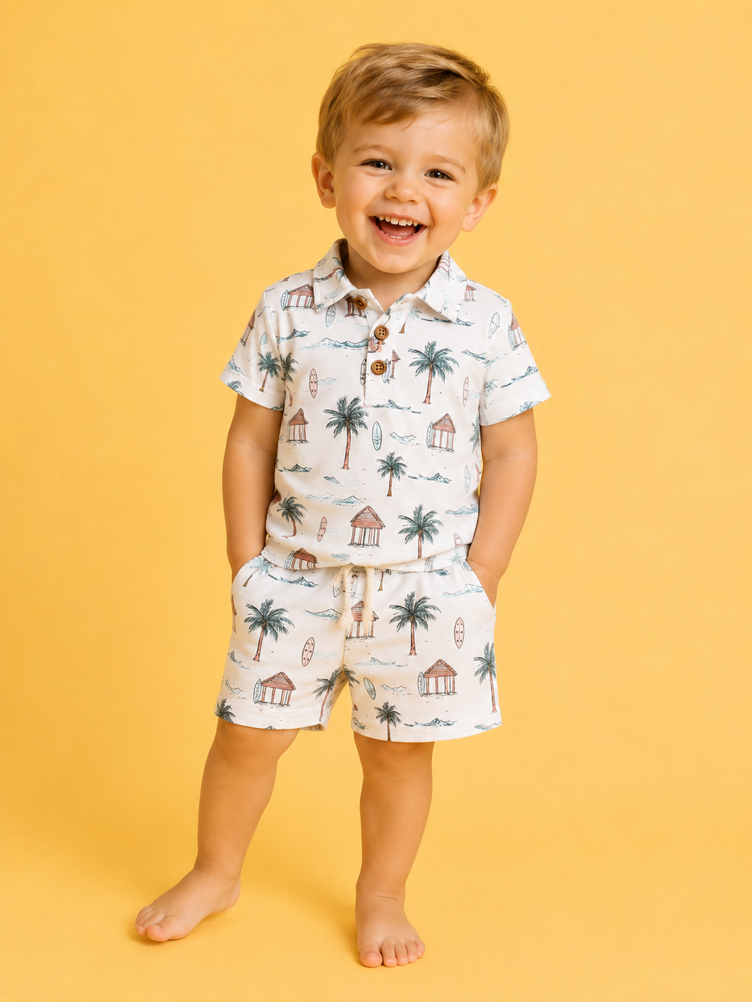 A young boy smiles barefoot against a yellow background, wearing the Tiny Tot Bundles Palm Coast Collared Set—a matching short-sleeved shirt and shorts with a tropical palm tree and hut print—hands in his pockets.