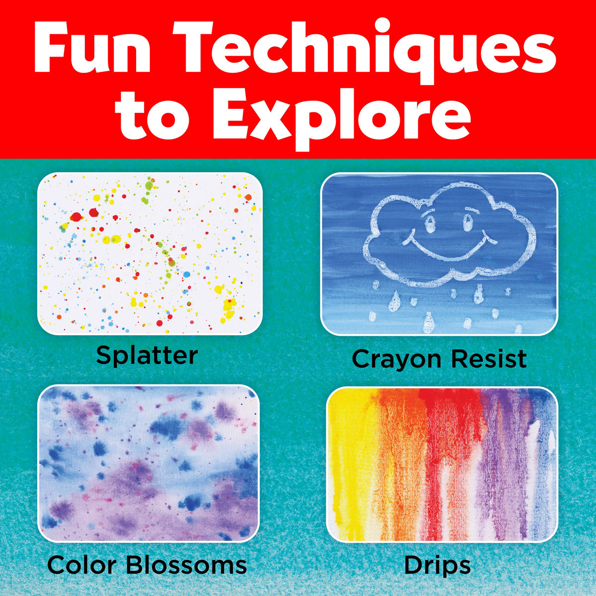 Four art techniques are featured: splatter (paint splashes), crayon resist (smiling cloud and raindrops), color blossoms (spreading watercolor), and drips (vertical lines of blended paint)—perfect for exploring with the Faber-Castell / Creativity for Kids Young Artist Learn to Watercolor Art Set for Kids, or for discovering new watercolor techniques with your kids’ painting kit.