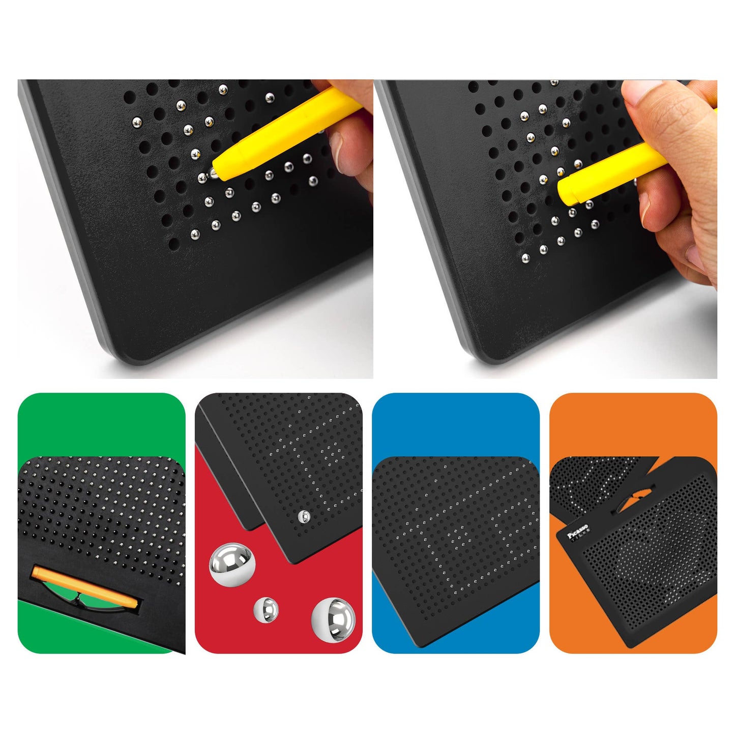 The PicassoTiles Double-Sided Magnetic Drawing Tablet Pad by PicassoTiles uses a yellow stylus to lift metallic beads and create designs on its black dotted surface. Images display the board, stylus, beads, and packaging on vibrant backgrounds.