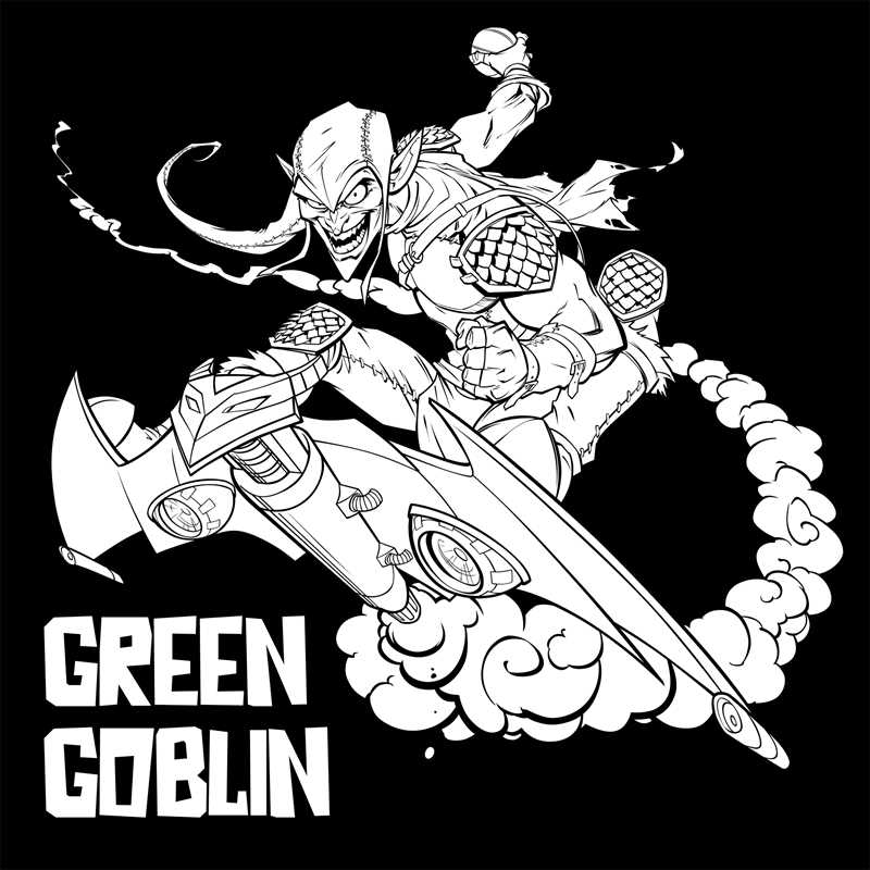 Black and white illustration from the Marvel Spider-Man Activity Book by Simon & Schuster shows Green Goblin flying on his glider holding a pumpkin bomb, with "GREEN GOBLIN" in bold at the bottom left.