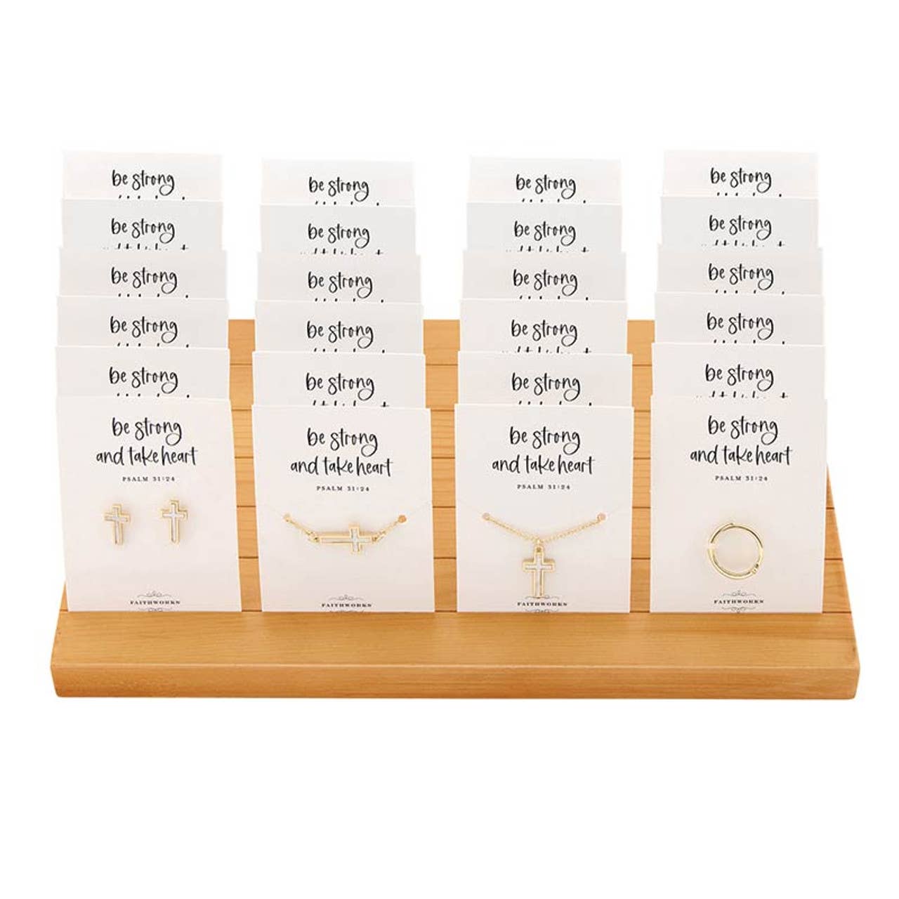 Faithworks by Creative Brands Mother of Pearl Cross Filled Display features gold-colored cross necklaces and rings arranged in rows on a wooden stand, each presented on a card that reads “Be Strong and Take Heart.”.