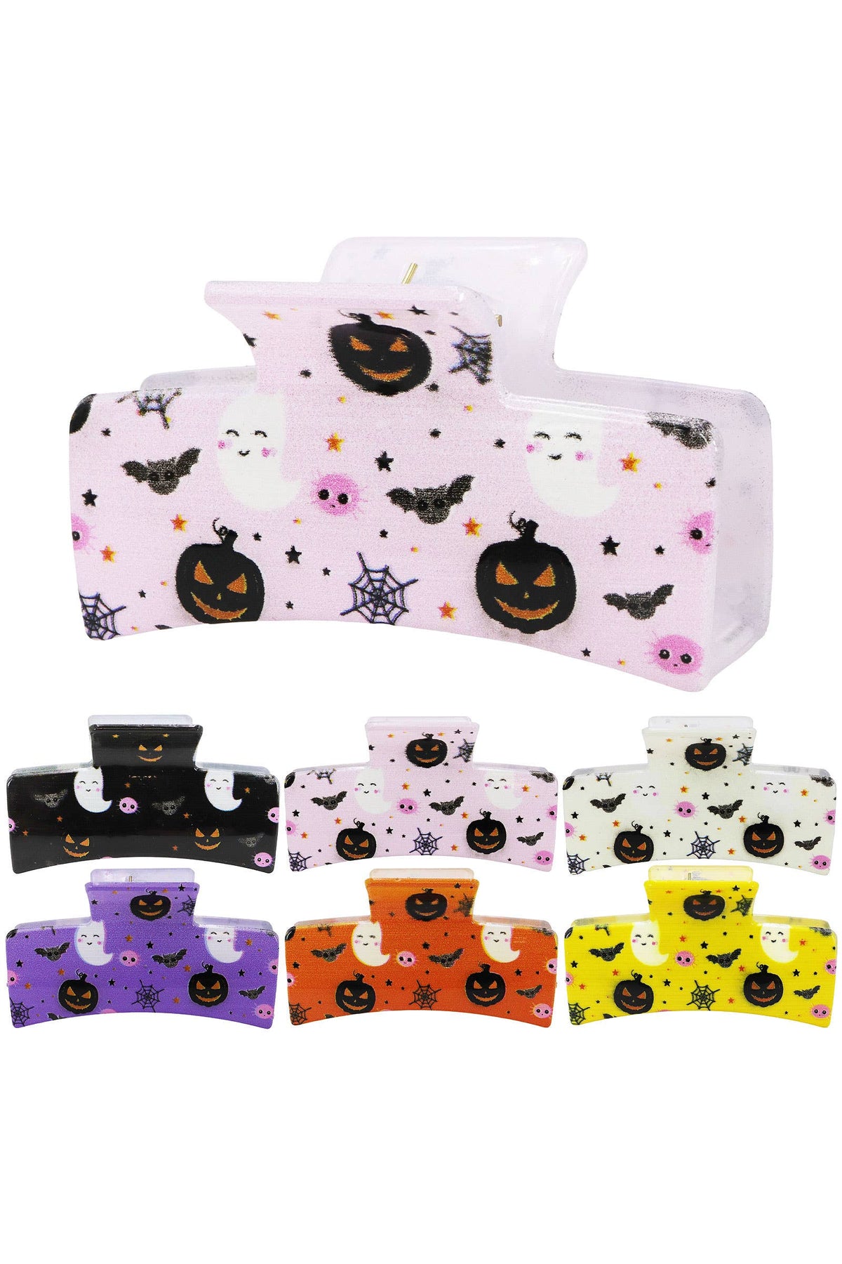 Six Cap Zone Halloween Hair Claw clips featuring ghosts, pumpkins, bats, and spiderwebs in purple, orange, yellow, white, and black.