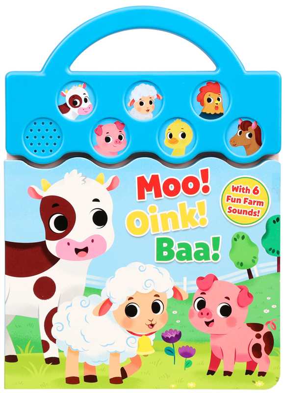 Simon & Schuster’s Moo, Oink, Baa! Book is a colorful children’s book with cartoon farm animals—a cow, sheep, and pig—on the cover, plus a blue handle and six sound buttons for fun farm noises.