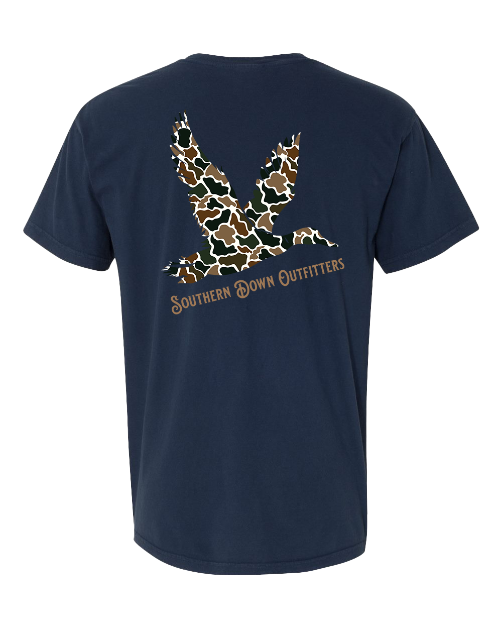 The Camo Mallard Toddler Tee by Southern Down Outfitters is a navy blue t-shirt featuring a camo-patterned duck foot graphic and the brand name printed on the back.