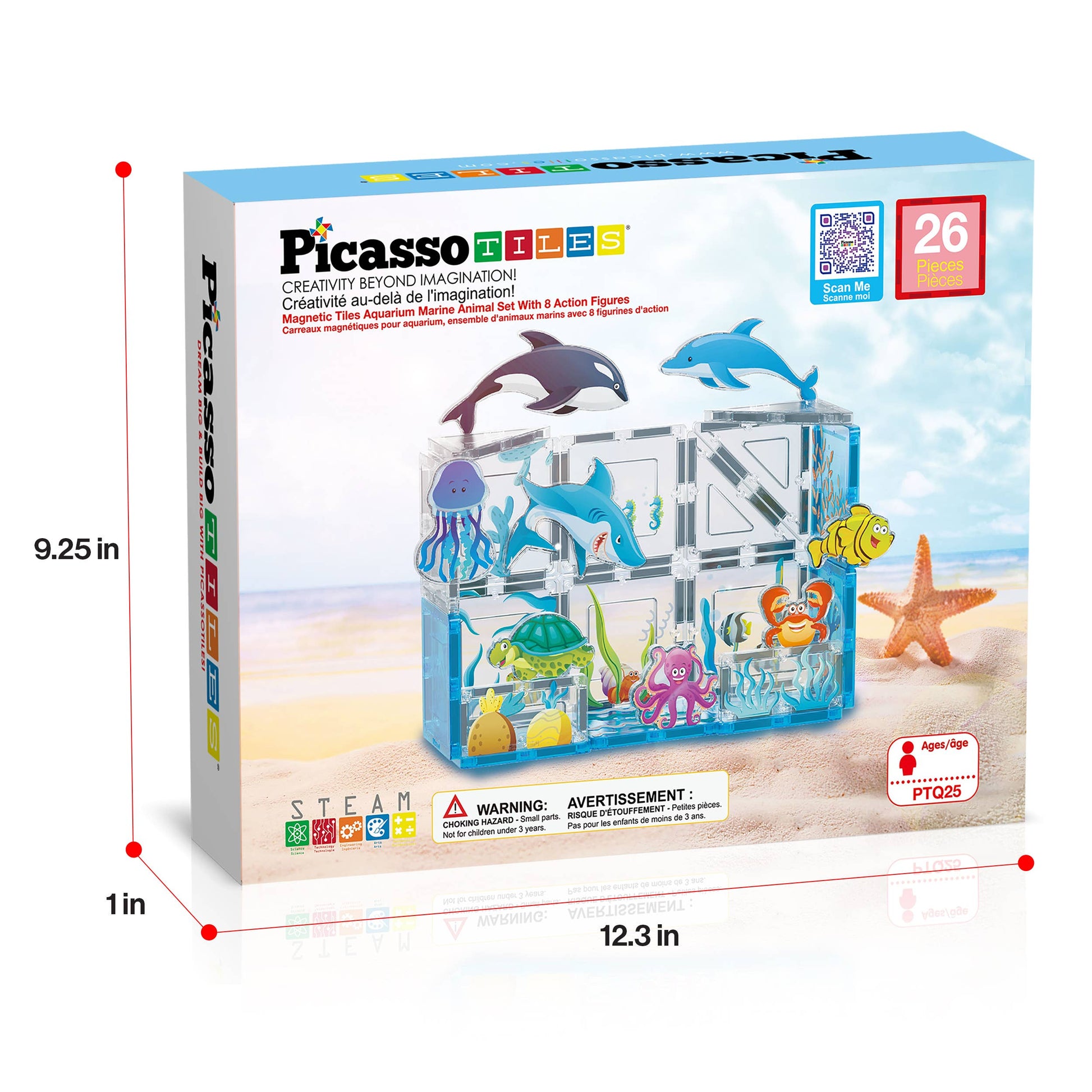 The PicassoTiles 26 Piece Marine World Magnetic Building Set features transparent tiles with sea creatures like dolphins, fish, and an octopus. The box measures 12.3 x 9.25 x 1 inches and is by PicassoTiles.