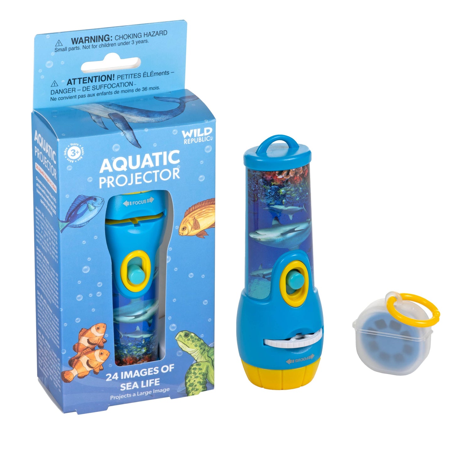 Projector Aquatic Toy by Wild Republic, displayed with its box, a blue and yellow projector, and a small container. Packaging shows sea life images and states it projects 24 aquatic images.