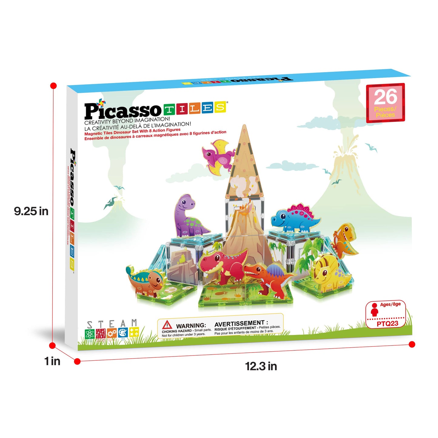 The PicassoTiles 26pc Dino Theme Magnetic Tile Building Set features colorful dinosaur figures, a volcano, and magnetic tiles. The box (12.3 x 9.25 x 1 in) includes 26 pieces for STEAM learning fun by PicassoTiles.