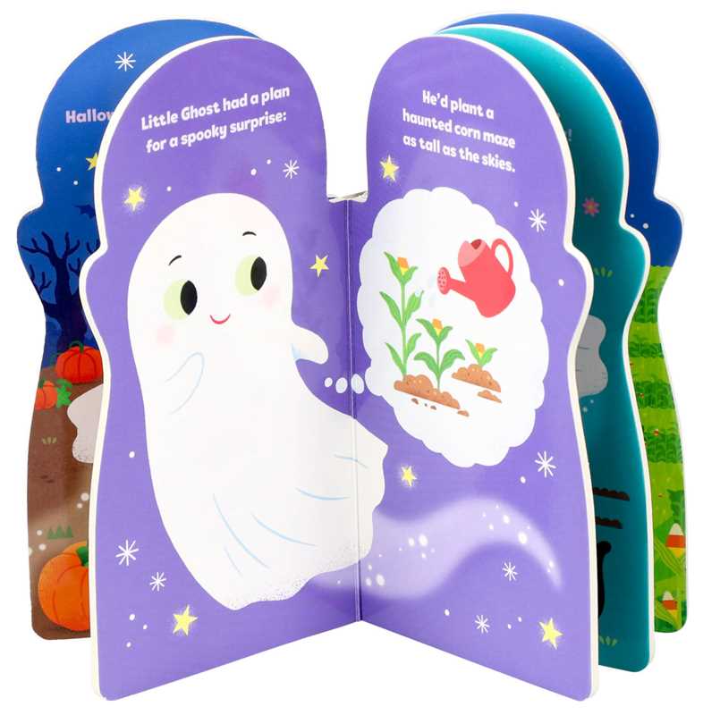 The open Little Ghost by Maggie Fischer Book from Simon & Schuster displays a playful, colorful scene: an illustrated ghost with a clever plan to plant a haunted corn maze. Beside the ghost, a thought bubble shows corn plants being watered with a red watering can.
