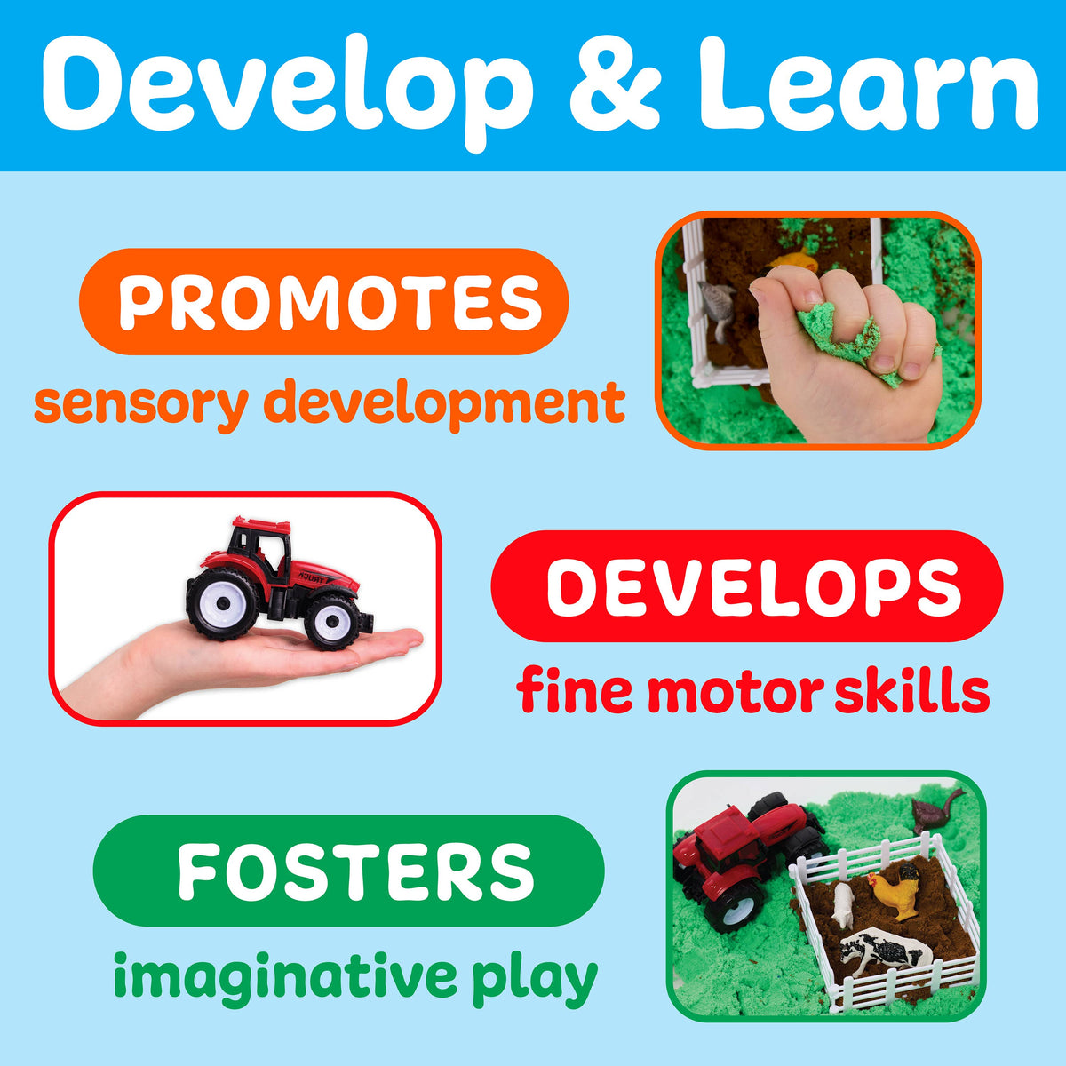 A colorful graphic features kids’ hands and toys with the text: Sensory Bin Farm Activity Kit for Kids—Promotes sensory development, develops fine motor skills, and fosters imaginative play. Images highlight a toy tractor, farm animals in a pen, and green sensory bin materials from Faber-Castell / Creativity for Kids to engage young explorers.