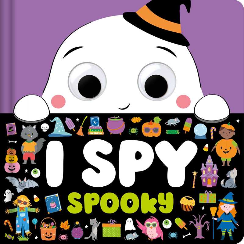 A cute ghost wearing a witch hat holds “I Spy Spooky by IglooBooks,” published by Simon & Schuster, surrounded by colorful Halloween icons such as pumpkins, cats, bats, and candy.