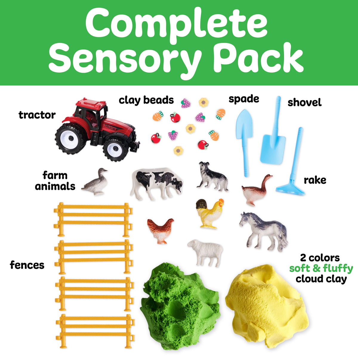 The Sensory Pack Farm On the Go Sensory Play Set for Kids by Faber-Castell / Creativity for Kids features a red tractor, plastic farm animals, fences, clay beads, a blue spade, shovel, rake, and two lumps of yellow and green fluffy cloud clay arranged on a white background.
