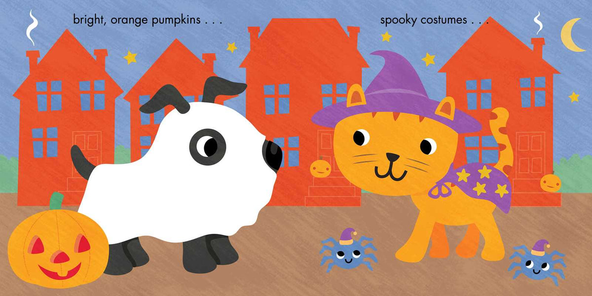 Sure! Here’s a revised sentence featuring your product data: Two adorable cartoon characters—a dog dressed as a ghost and a cat in a witch costume—stand before orange houses decorated with jack-o-lanterns, spiders, and a crescent moon, accompanied by the words “bright, orange pumpkins... spooky costumes....” Featured is the “Fall Is Here! Book” from Simon & Schuster.