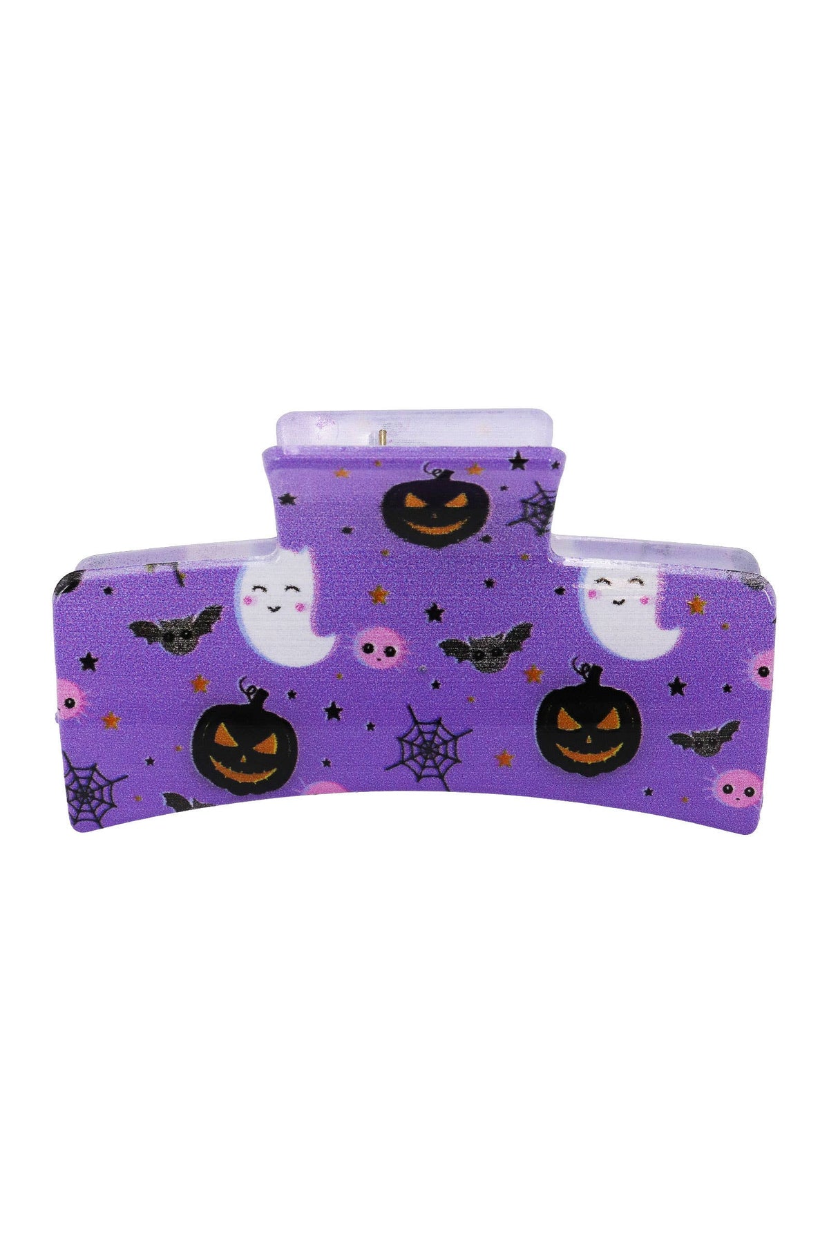 Purple Halloween Hair Claw featuring a pattern of ghosts, jack-o-lanterns, bats, and spiderwebs.