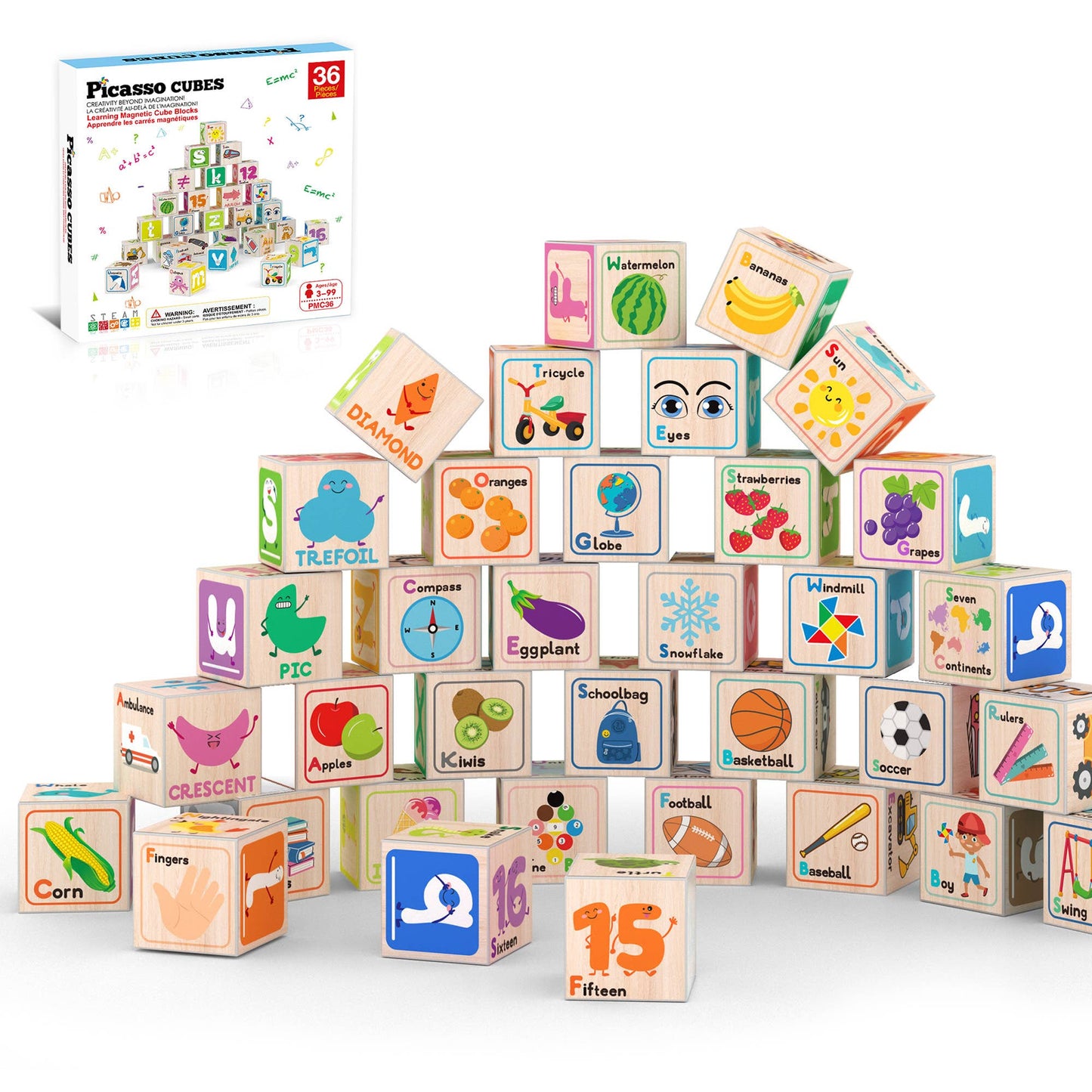 A pyramid of illustrated wooden blocks shows vibrant images, letters, numbers, and words. In the background, a box labeled PicassoTiles 36pc 1" Magnetic Cubes Set features the PicassoTiles brand and matching alphabet cubes.