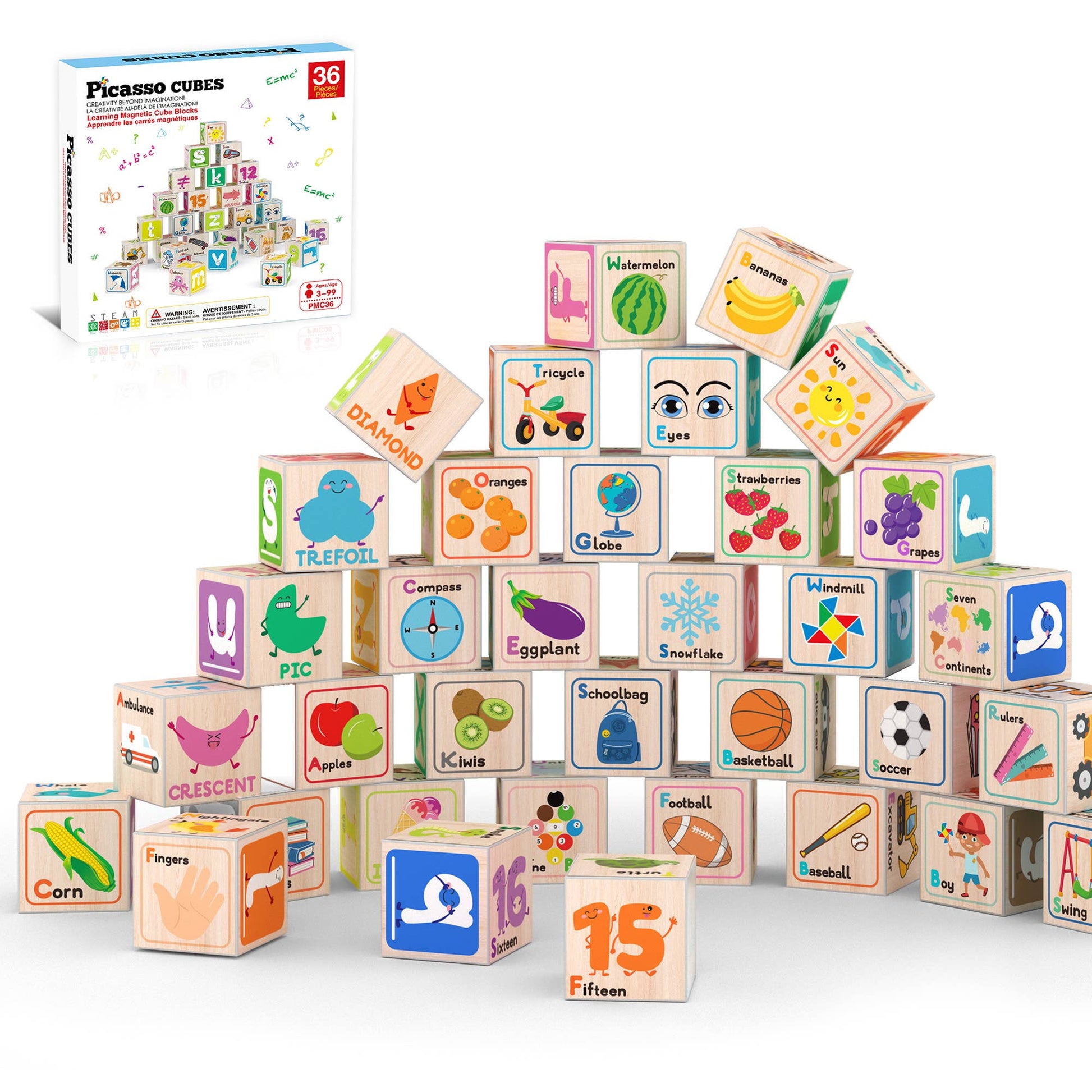 A pyramid of illustrated wooden blocks shows vibrant images, letters, numbers, and words. In the background, a box labeled PicassoTiles 36pc 1" Magnetic Cubes Set features the PicassoTiles brand and matching alphabet cubes.