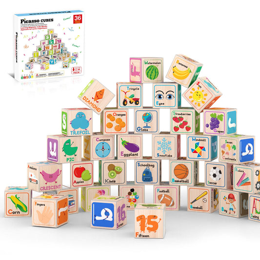 A pyramid of illustrated wooden blocks shows vibrant images, letters, numbers, and words. In the background, a box labeled PicassoTiles 36pc 1" Magnetic Cubes Set features the PicassoTiles brand and matching alphabet cubes.