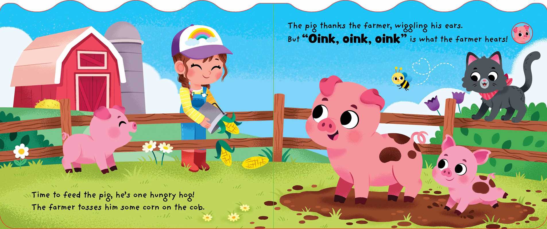A farmer tosses corn to two playful pink pigs by a fence in the Moo, Oink, Baa! Book from Simon & Schuster. A barn, plants, cat, bee, and blue sky create a cheerful farm scene in the background.